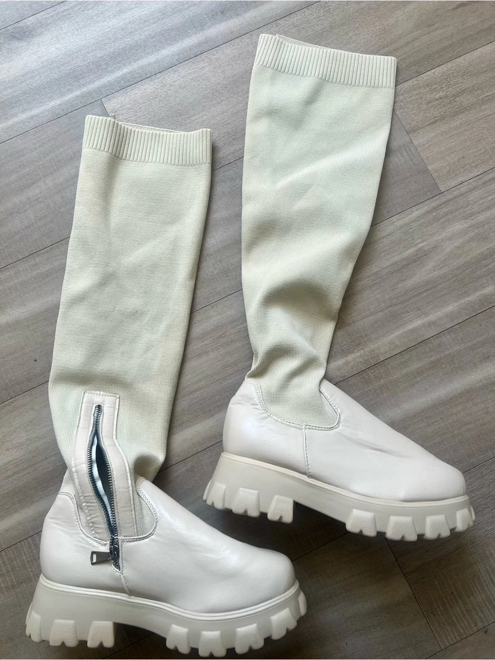 Women's Cream Knee-High Chunky Sole Boots